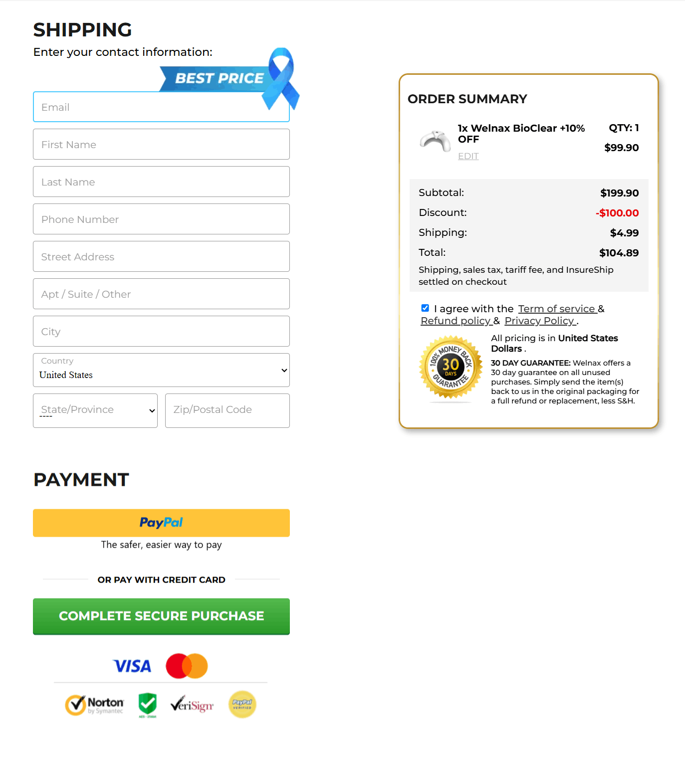 Welnax BioClear checkout page
